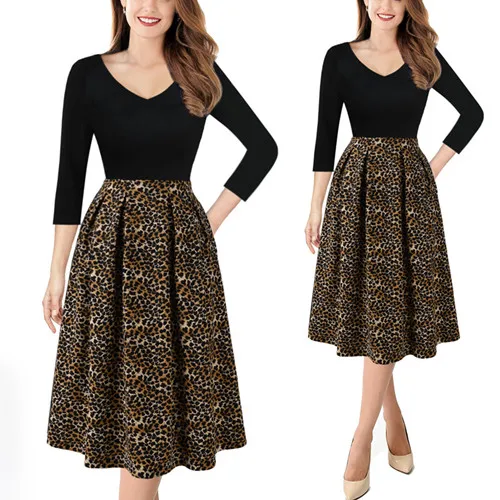 Black and Brown Vfemage женское осенне-зимнее элегантное винтажное платье с карманами и цветочным принтом для работы, бизнеса, офиса, на каждый день, вечерние трапециевидные приталенные платья 1612 - Цвет: Black and Brown