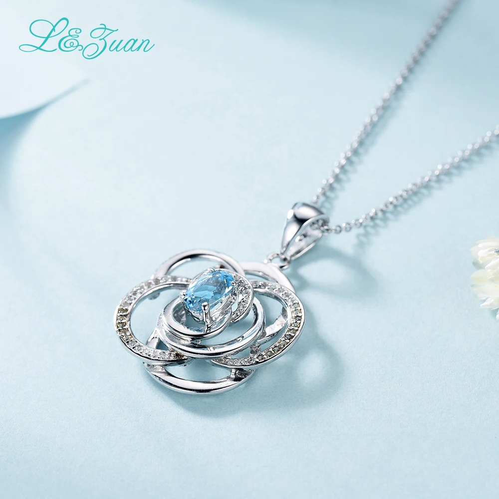 l&ampzuan 925 sterling silver natural 0.64ct topaz blue gemstone flower pendant Jewelry for princess wedding gift | Украшения и