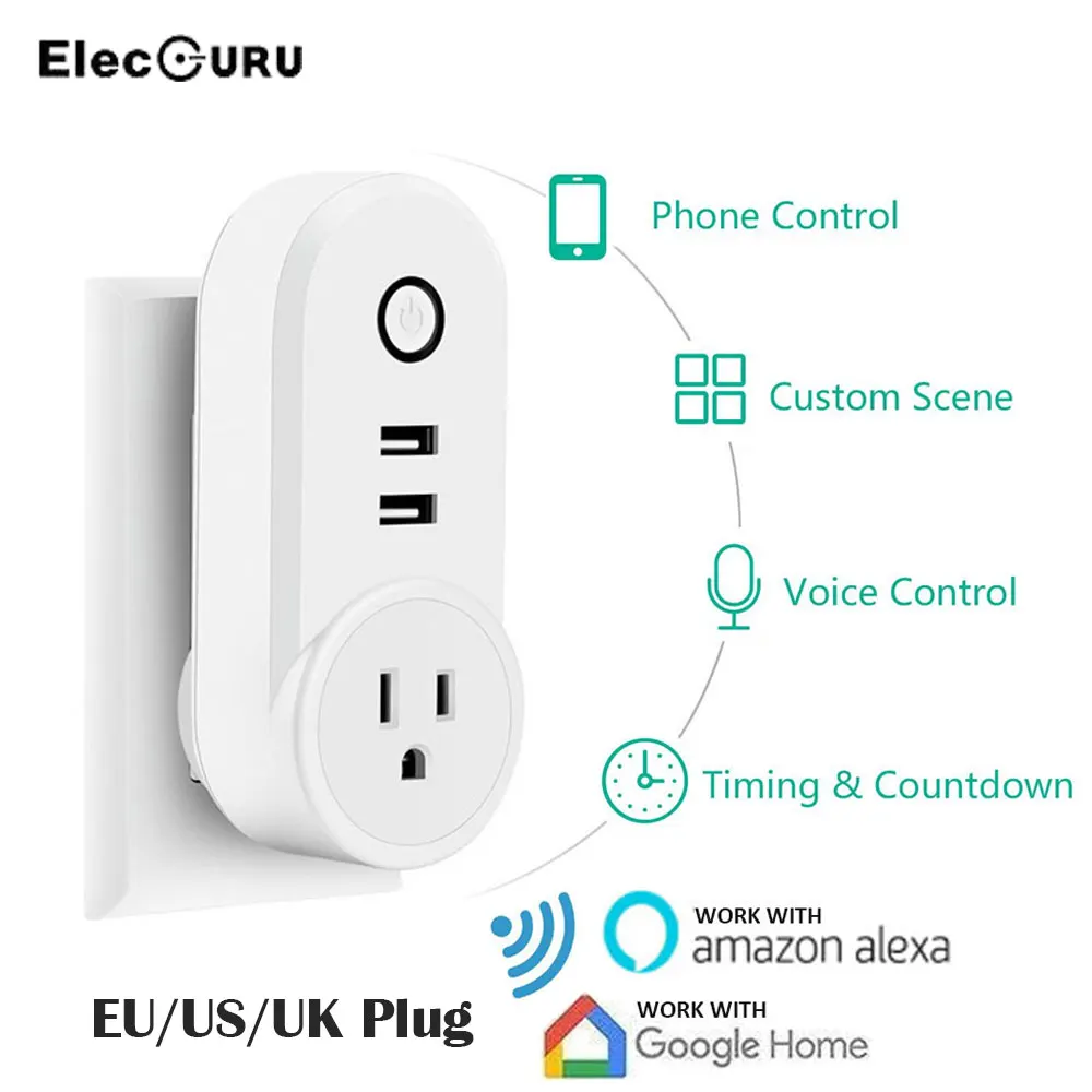 Умная штепсельная вилка стандарта ЕС/США/Великобритании Wi Fi 2 USB приложения