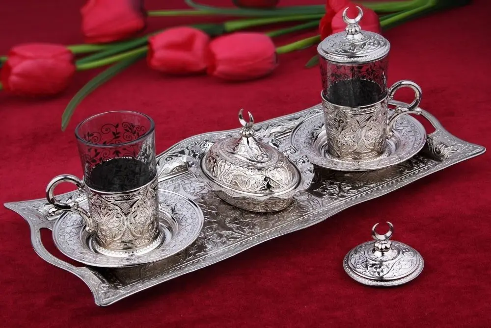 Османские турецкие серебряные латунные чайные кофейные блюдца чашки лоток набор