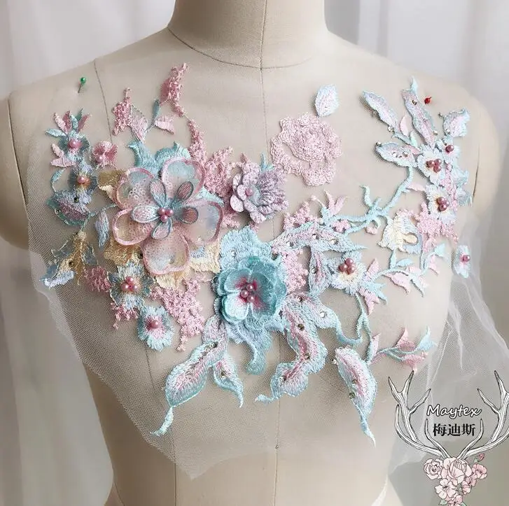 2 Pieces 33*28cm Pink Green Beaded Rhinestone Lace Applique Costume Evening Dress Clothing Accessories Pearl Trims Patches | Дом и сад