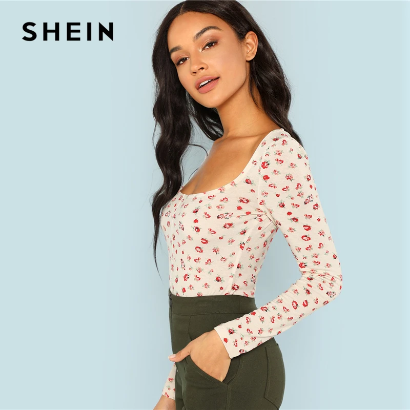 SHEIN Топ С Глубоким Вырезом И Цветочным Принтом, Облегающий Топ С Длинным Рукавом