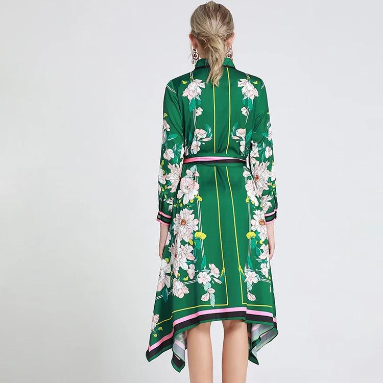 Women's Runway Dresses Turn Down Collar Long Sleeves Floral Printed Sash Belt Striped Asymmetrical Fashion Casual | Женская одежда