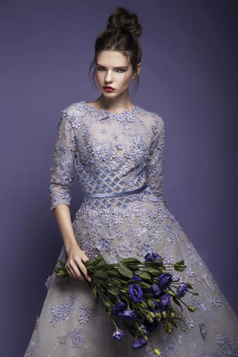 Open Back Long Sleeves Jewel Neck Lace Appliques Belt A line Bead Small Squares Flowers Light Blue Short Evening Dress | Свадьбы и