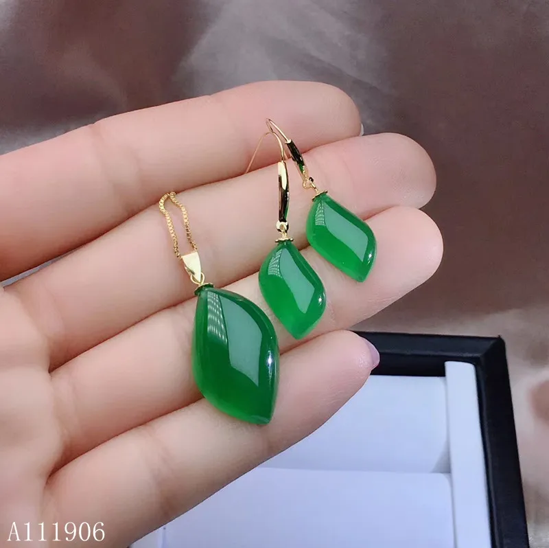 

KJJEAXCMY Boutique Jewelry 18K Gold Inlaid Natural Green Chalcedony Gemstone Female Ring Eearrings Set Support Detection