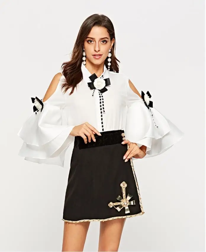 

Сексуальный топ с открытыми плечами, белый, черный, Женский Свободный Повседневный джемпер с расклешенными рукавами, женский осенне-весенн...