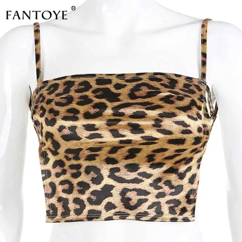 Leopard Женский топ леопардовой расцветки Fantoye, топ с принтом бандажный, квадрантный воротник без рукавов, перекрестная шнуровка, бретельки для ночного клуба - Цвет: Leopard