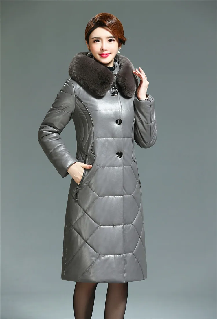 New Winter Women Leather Thicken Jacket 6XL Ladies Fur Collar Hooded Coats Cotton Padded Outwear Middle-aged Female Parkas