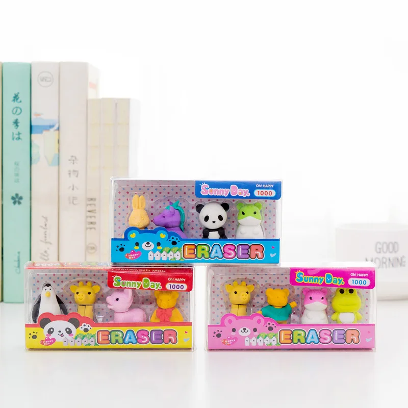 

12set/lot Four cute panda, frog, animal, boxed Eraser Set / student stationery / school supplies/children gift