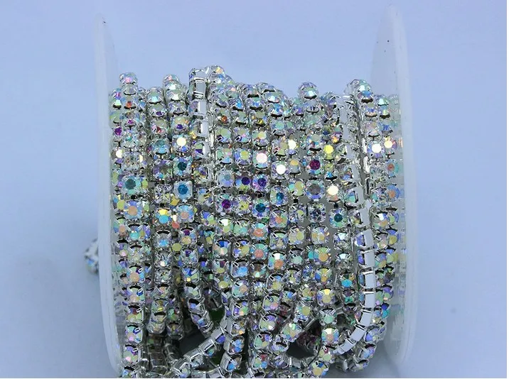 Crystal AB 3yard Top-Grade Glass Wide Rhinestone Cup Chain Silver Base Trim Applique Sew on Rhinestones For Garments | Дом и сад