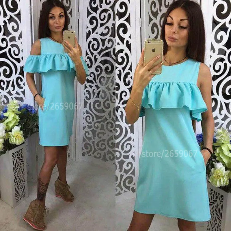 5 цветов однотонное платье с открытыми плечами и оборками летнее женское 2018