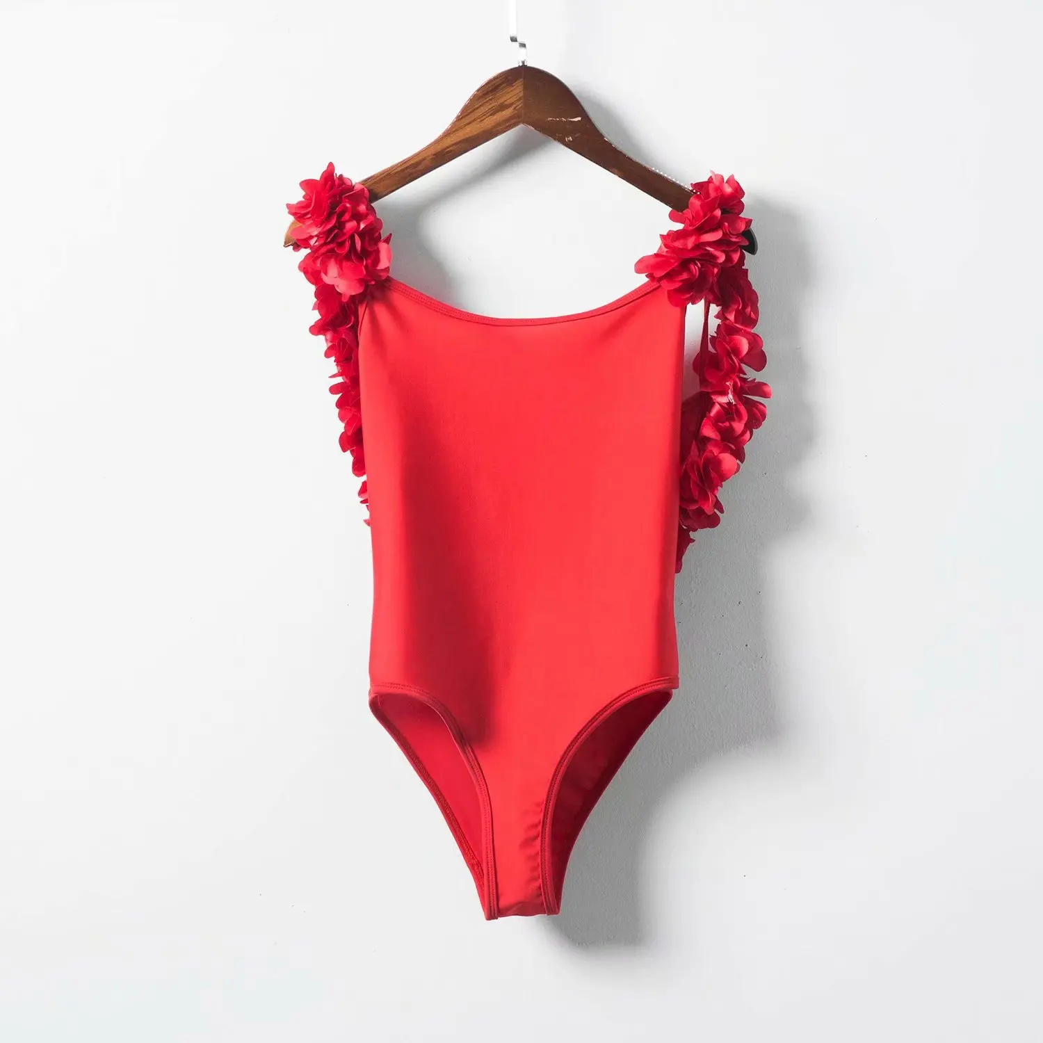 Cute Solid Female Swimsuit Open Back Sexy Body Floral Appliqued One Piece Swimming Suit