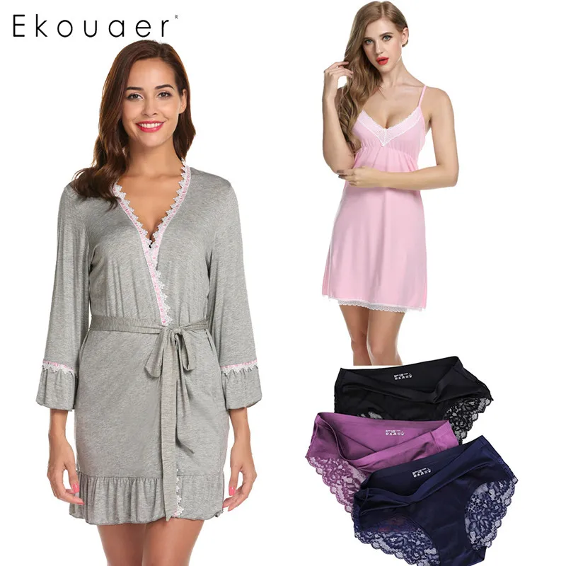 Style 5 Ekouaer 3 шт./упак. Для женщин, ночное белье, пижама с длинными рукавами рубашки и платья, кружевное белье Ночные рубашки для девочек; Привлекательные кружевные трусы комплекты ночные рубашки - Цвет: Style 5