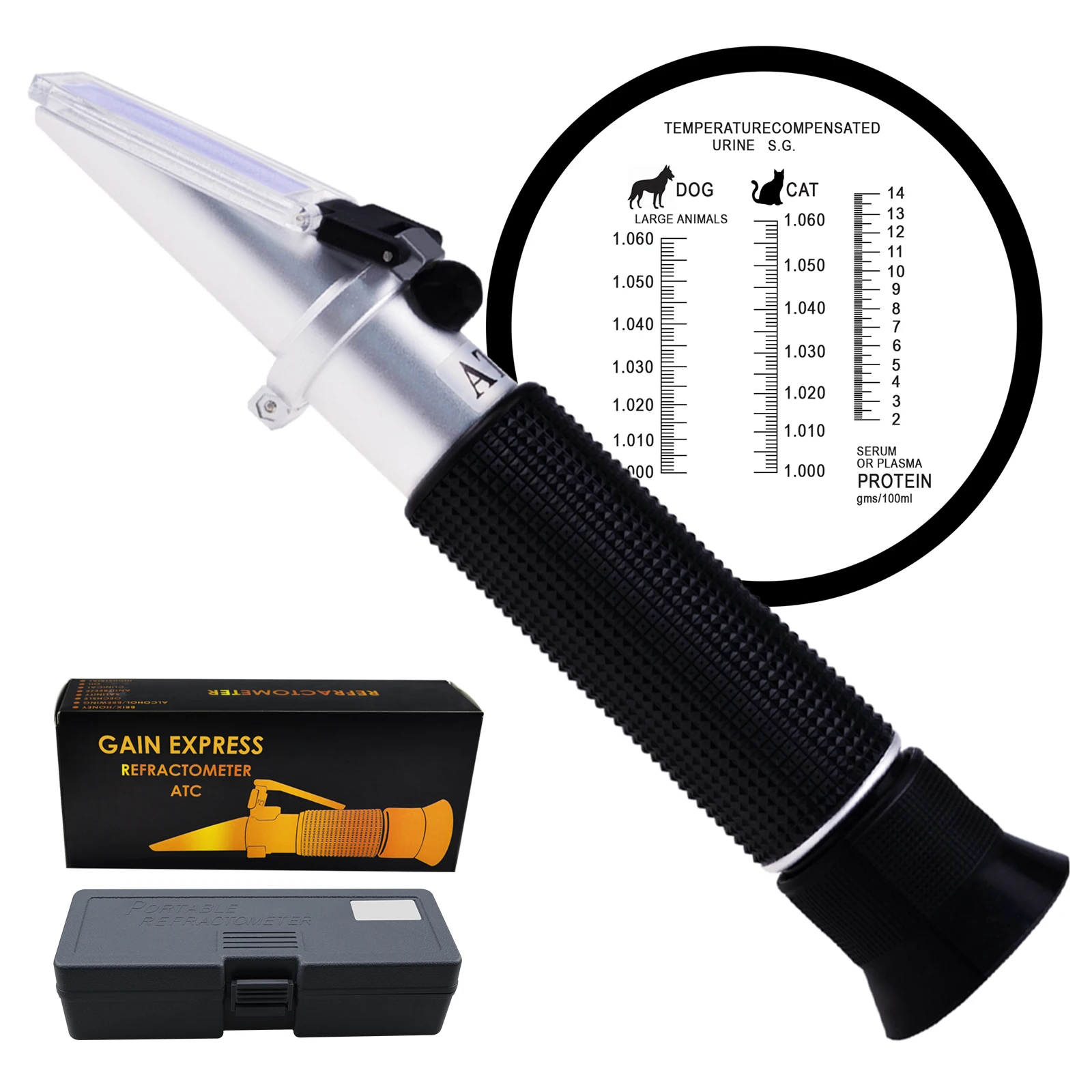 

Pet Clinical Refractometer with ATC Tri-Scale Serum & Plasma Protein Test 2-14g/dl Urine Specific Gravity 1.000-1.060SG