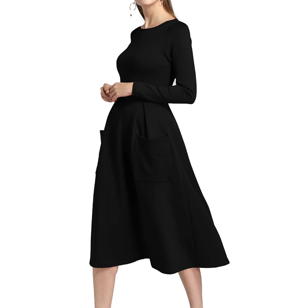 Party Front Pockets Women Long Sleeve O-Neck Fashion Solid Color Zippered Dress | Женская одежда