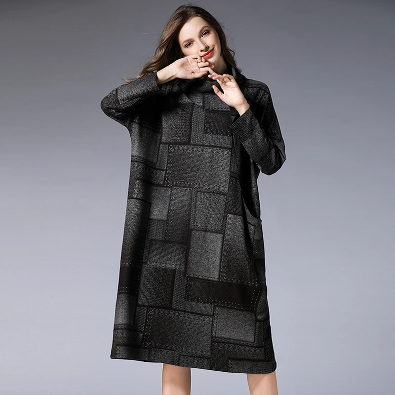 Зимние хлопковые платья размера плюс осенние женские 2018 черные теплые клетчатые