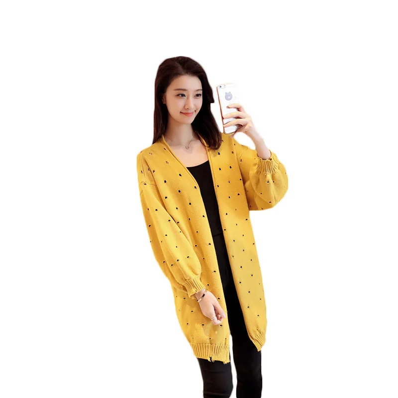 

Spring Autumn New Long Sweater Cardigan Women Solid Color V-neck Holes Knitted Jacket Ladies Coat Loose Plus Size BlusaIs581