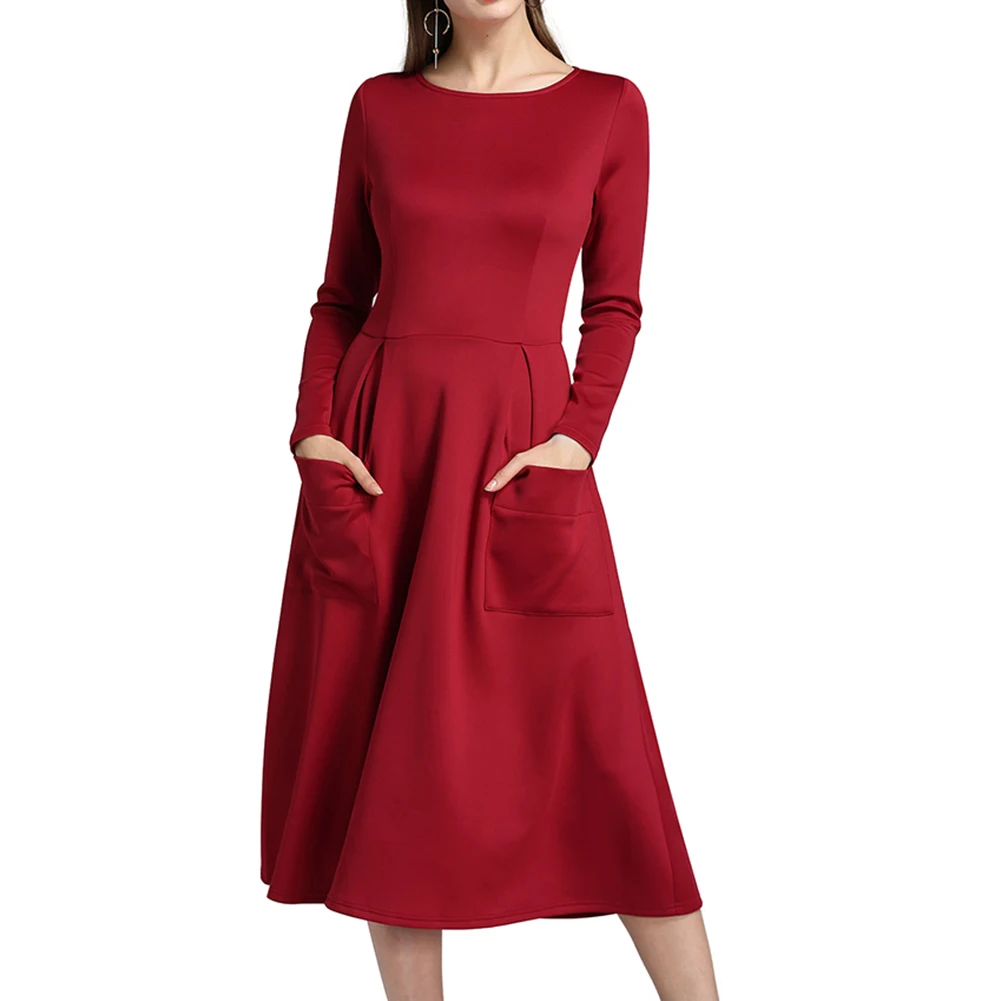 Party Front Pockets Women Long Sleeve O-Neck Fashion Solid Color Zippered Dress | Женская одежда