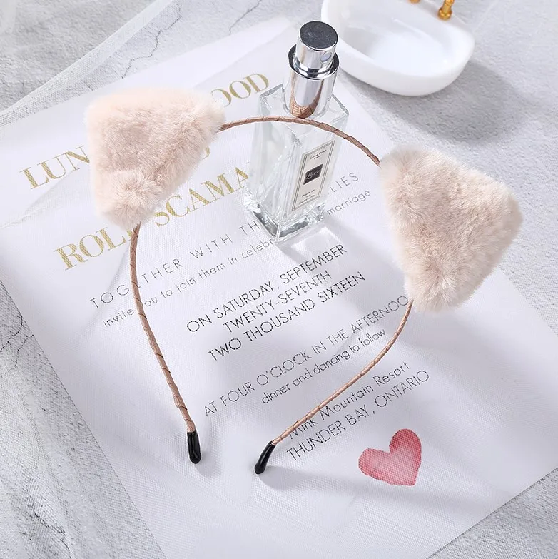 Beige Пушистые Серые Черные кошачьи уши детские головные уборы Мультяшные аксессуары для волос для женщин и детей - Цвет: Beige