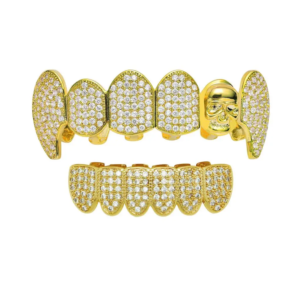 MATHALLA Micro Pave стиль клыки Иисус Grillz с Bling AAA кубический цирконий камень грили - Окраска металла: Gold set