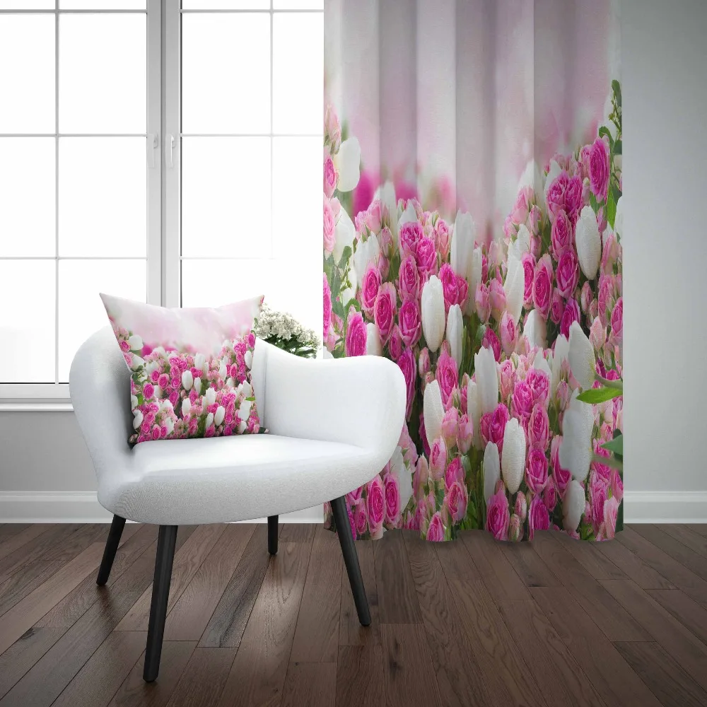 

Else Pink Roses White Tulips Flowers Floral Modern 3D Print Living Room Bedroom Window Panel Curtain Combine Gift Pillow Case