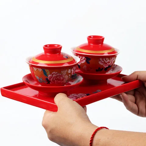 

Chinese traditional antique red wedding ceramic tea bowl cup tray Kungfu tea set tureen gaiwan porcelain marry newlywed gift