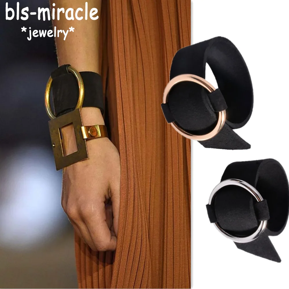 Bls-miracle Bohemia Punk Black Bracelets Big Round Leather Bangle Bracelet Wristband Metal For Woman Party Gift Wholesale BA-132