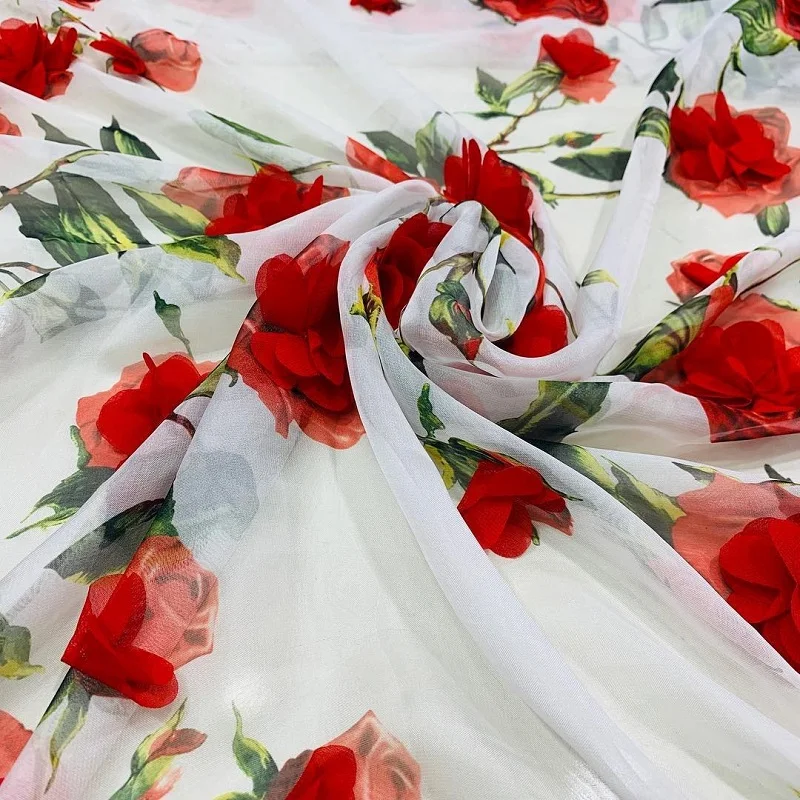 Высокое качество poppy red flower 3D печать Корейская шифоновая ткань 100% pes для шитья
