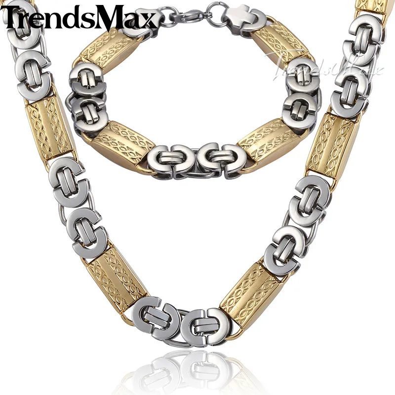 Trendsmax ювелирный набор 11 мм Мужская цепочка для мальчиков золотой тон плоская Византийская звеньевая Нержавеющая сталь ожерелье браслет набор подарок KS168