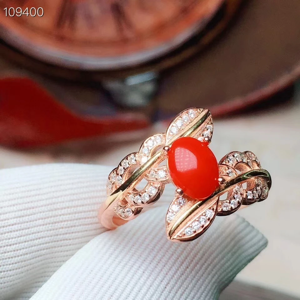 

KJJEAXCMY fine jewelry 925 sterling silver inlaid natural red coral rings support detection