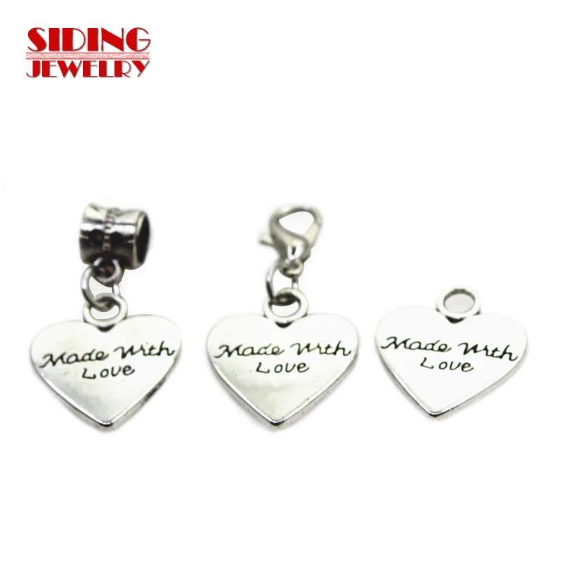 

2018 New 20pcs/lot Made With Love Heart Dangle Charms Lobster Clasp DIY Bracelet Necklace Pendant Jewelry Hanging Charms