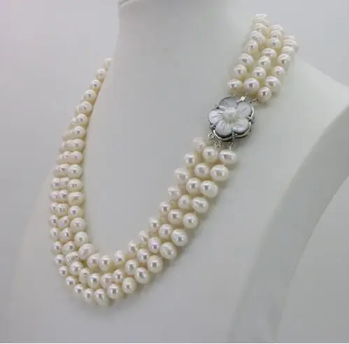 

Очаровательное модное ожерелье из белого пресноводного жемчуга 3 ряда 7-8 мм цепь с цветочными пуговицами для женщин и девушек банкет 17-19 дюй...