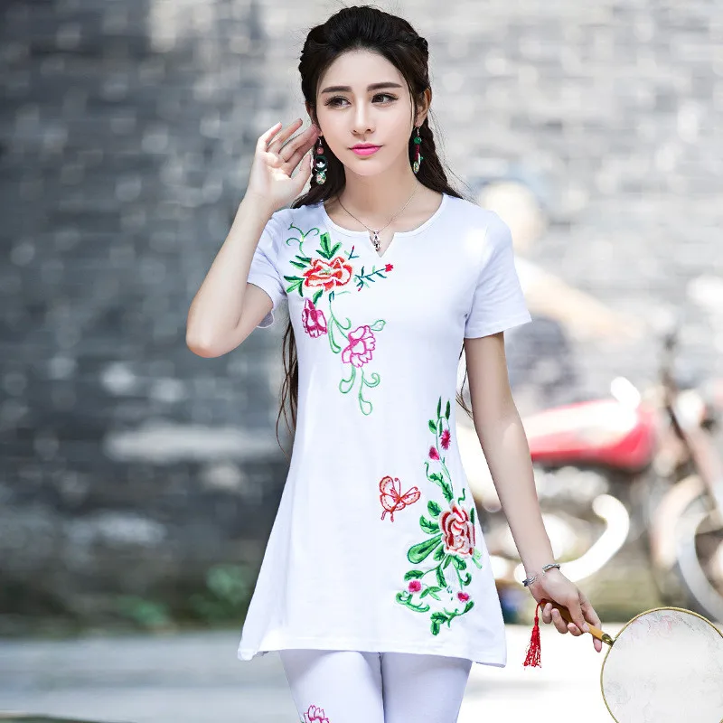 Short Sleeve White o Весенне-летняя женская футболка 4XL с вышивкой, черные, белые, Blusas Feminina, хлопковая футболка, качественная Элегантная футболка - Цвет: Short Sleeve White o