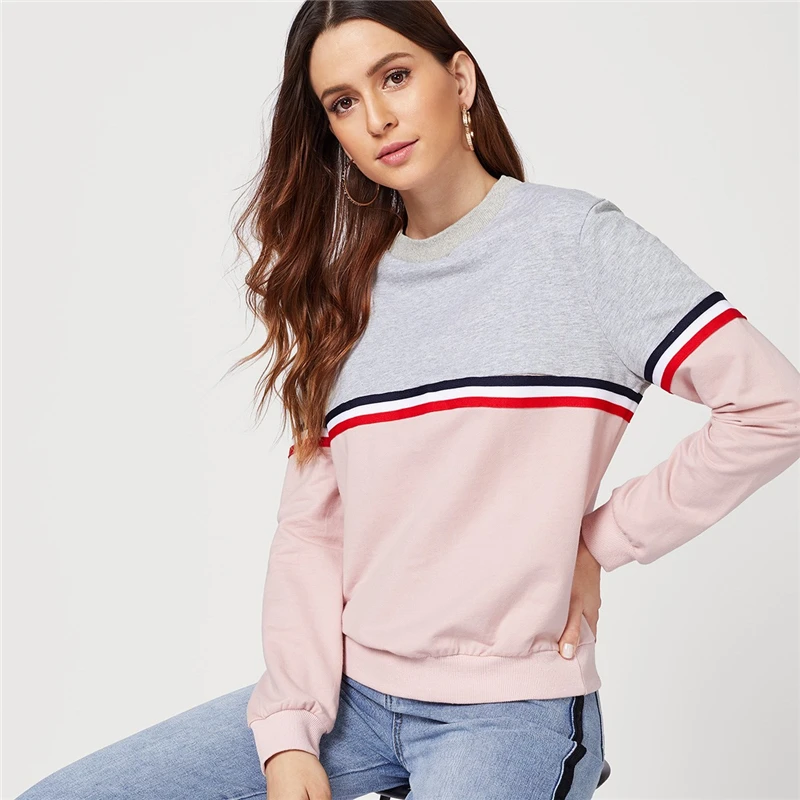 Dotfashion двухцветная полосатая толстовка с цветными блоками, Женская Повседневная весенне-осенняя одежда с длинным рукавом, пуловеры в консервативном стиле, толстовка