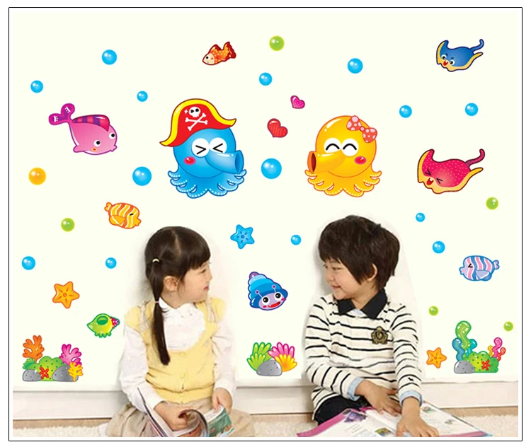 Мультяшная Настенная Наклейка с дельфином маленькой рыбой Осьминогом сделай сам