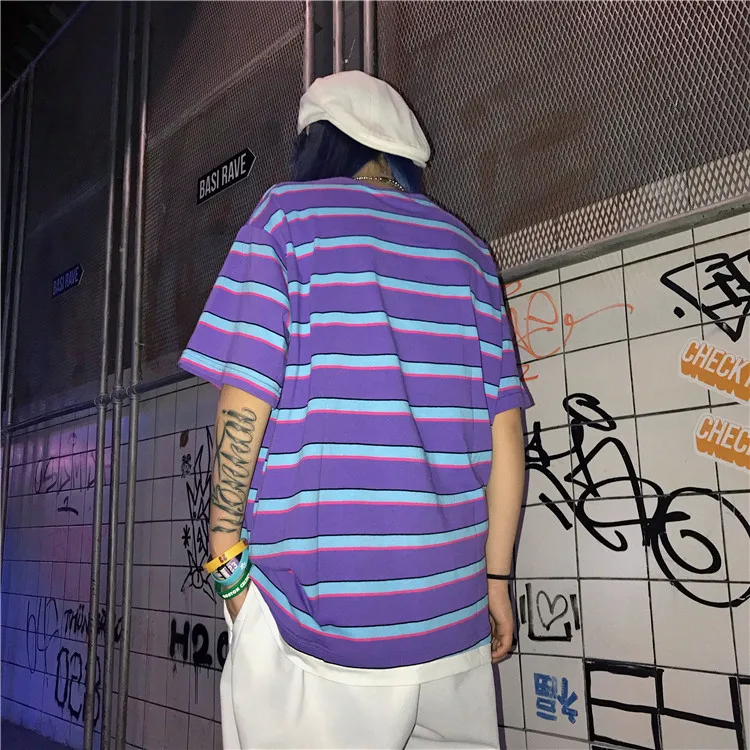 Корейская версия ulzzang 2019 летняя футболка женская фиолетовая полосатая с