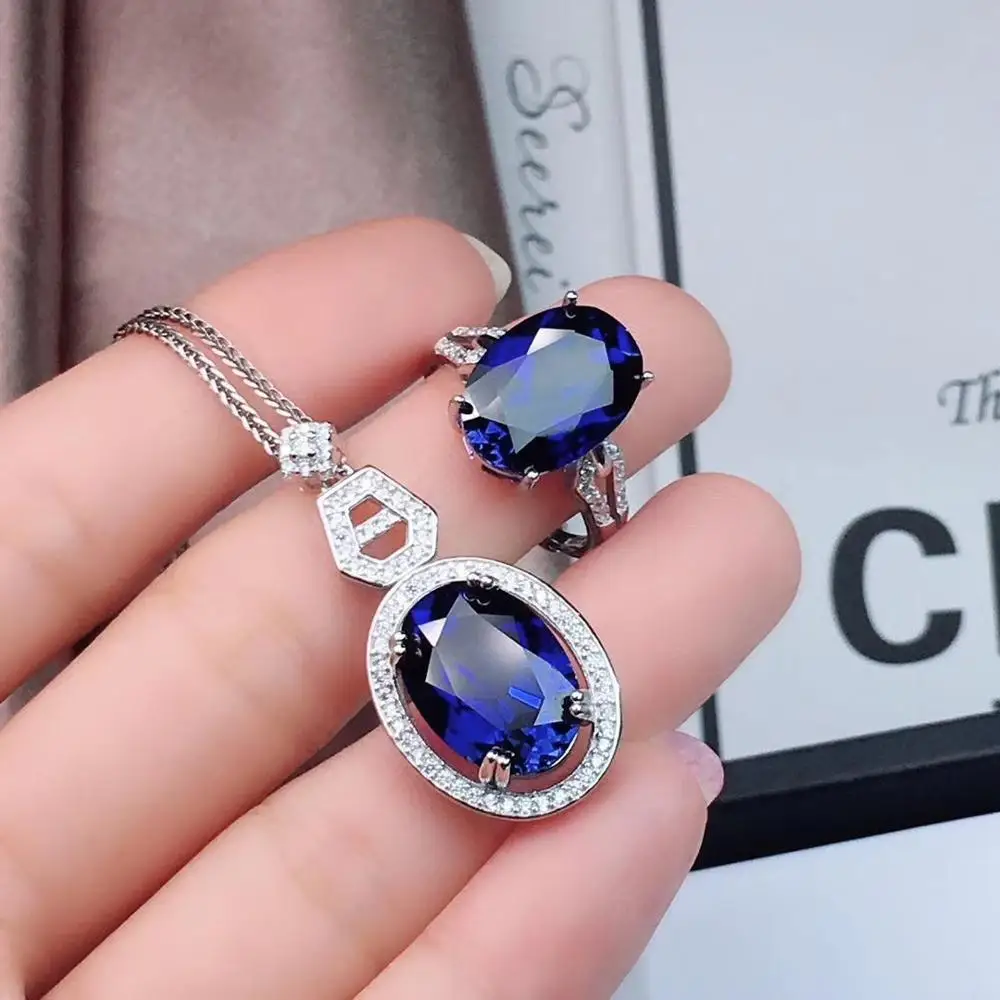 

KJJEAXCMY boutique jewelry 925 sterling silver inlaid natural gemstone sapphire female ring necklace pendant set support detecti