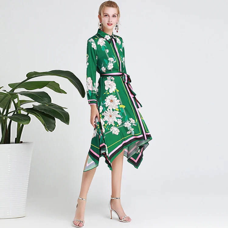 Women's Runway Dresses Turn Down Collar Long Sleeves Floral Printed Sash Belt Striped Asymmetrical Fashion Casual | Женская одежда