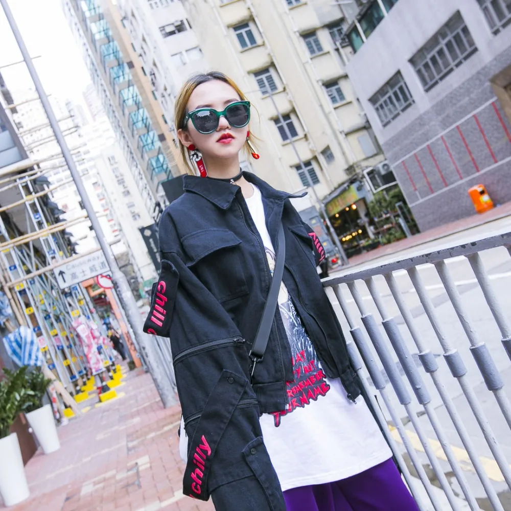 Street patchwork button applique letter zipper cutout long-sleeve loose denim turn-down collar outerwear bf | Женская одежда