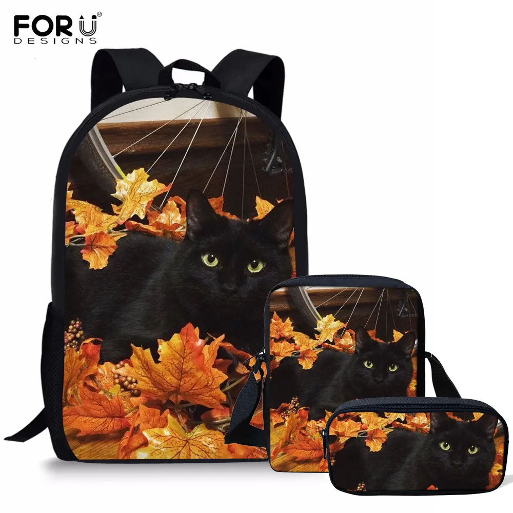 Школьный рюкзак FORUDESIGNS 3 шт./компл. Осенний с черной кошкой для девочек подростков