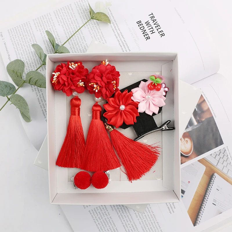5~6pcs/pack-Chinese Retro Princess Style Children's Hair Gift Box Set Of Rabbit Ball Clip Girl's Accessories | Аксессуары для