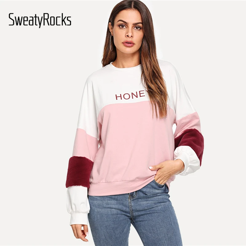 SweatyRocks разноцветная контрастная флисовая толстовка с длинными рукавами пуловеры с надписями новые осенние женские повседневные топы