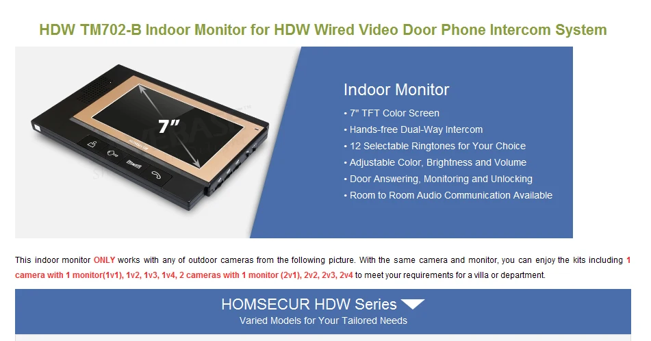 HOMSECUR TM702-B внутренний монитор для HDW проводной телефон видео домофон