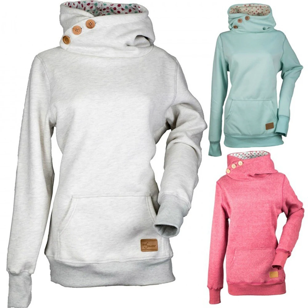 Для женщин три Пуговицы кучи воротник плюс Размеры Толстовка Solid Цвет с длинным