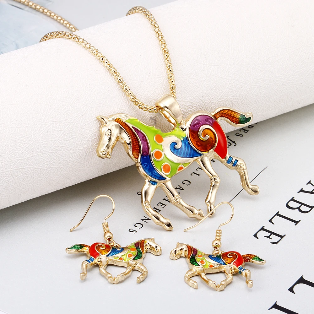 Lureme Fashion Colorful Animal Horse Necklace Pendant Dangle Earrings Jewelry Set for Women Girls (js000698) | Украшения и