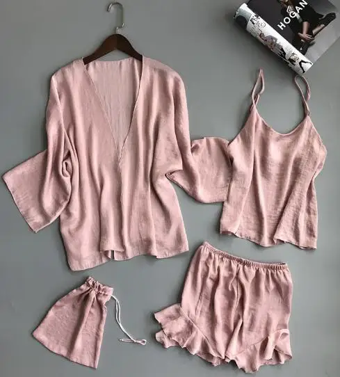 

Fdfklak 4 Pieces Silk Satin Pajamas Women Spring Summer Pajama Set Pyjamas Womens Sleepwear Tracksuits for Ladies Pijamas Sets