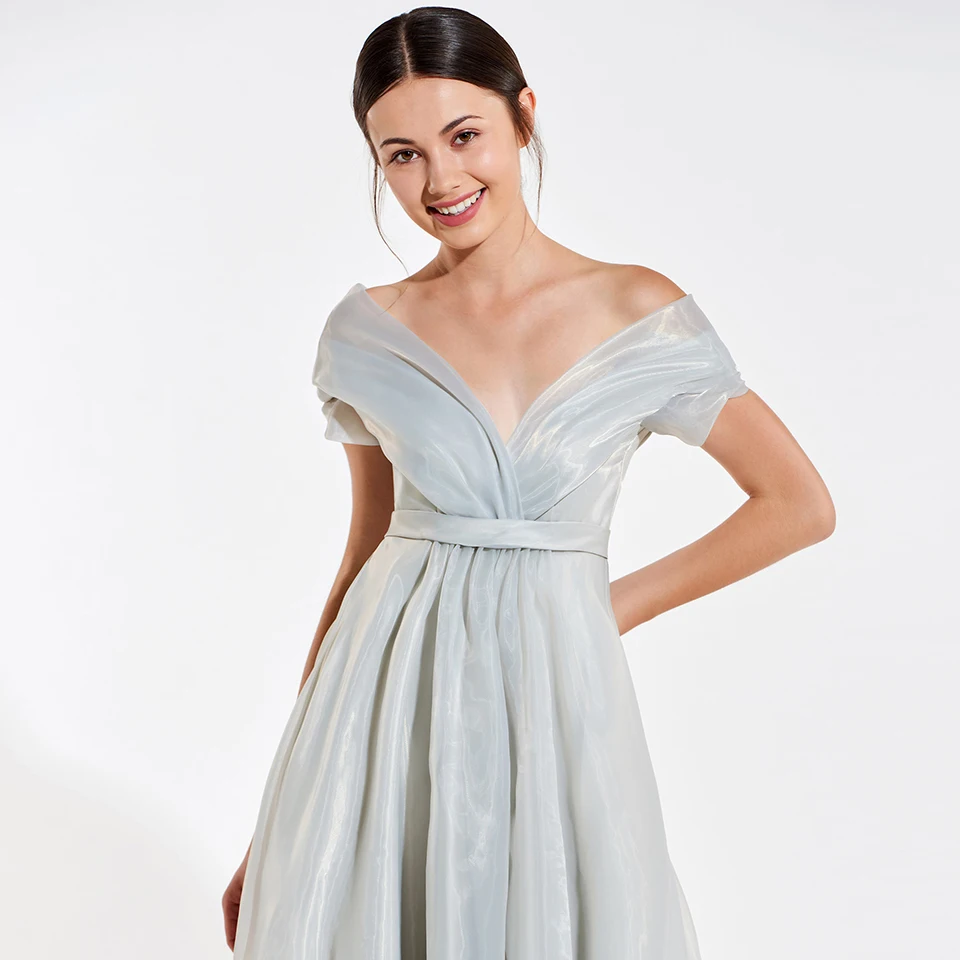 Элегантное серебристое платье Dressv с открытыми плечами подружки невесты