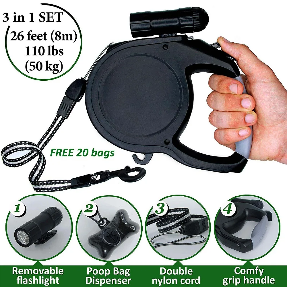 

Retractable Dog Leash 26 Foot Extra Long Cord Best Heavy Duty Retractable Leash with LED Light PL050