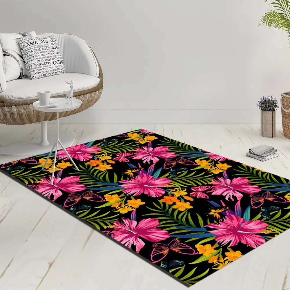 

Else Black Floor Tropical Pink Yellow Flowers Green Leaves 3d Print Anti Slip Kilim Washable Decorative Kilim Rug Modern Carpet