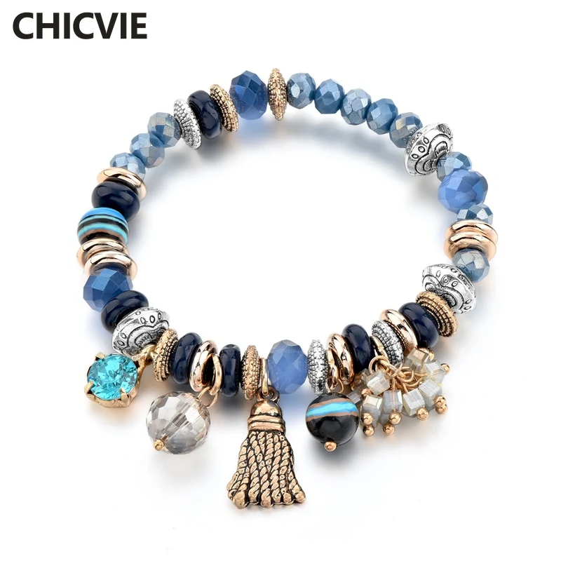 

CHICVIE Gold Tassel & Blue Crystal Beads Bracelets & Bangles For Women Charm Bracelet Dropshipping Custom Bracelets SBR170047
